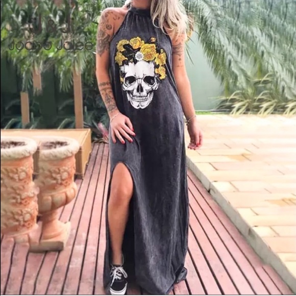 Skull & Roses Maxi Dress NEW Charcoal Gray - Picture 4 of 11